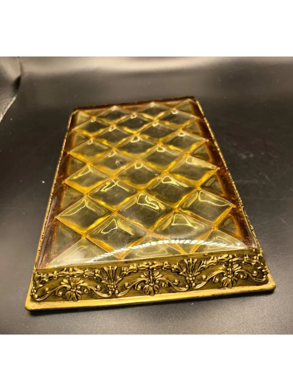 Vintage GoldTone Lucite Vanity Tray Quilted Diamond Pattern Ornate Floral Border